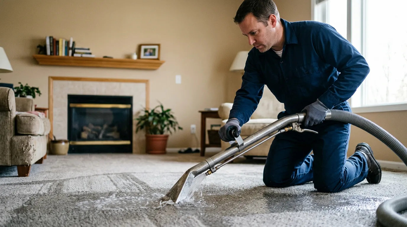 Water damage restoration technician working in a home